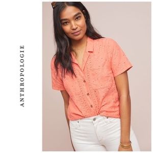 MAEVE Coral Eyelet Guayabera Short Sleeve Button Blouse